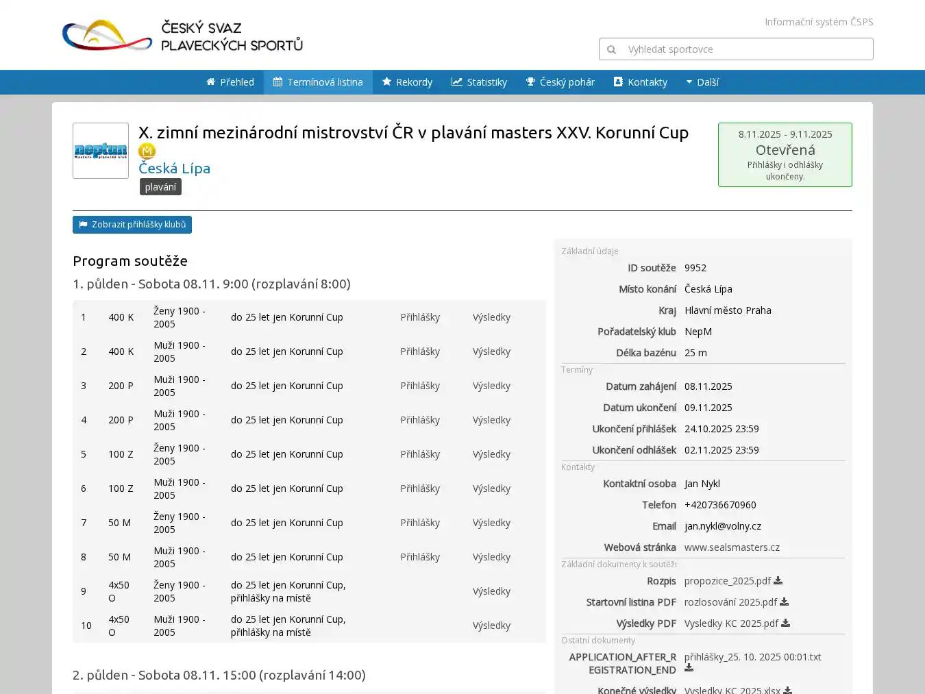 Veranstalterhomepage - https://vysledky.czechswimming.cz/souteze/9952
